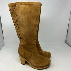 UGG Chestnut Suede Heeled Knee Boots with Fringe Trim